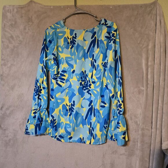 Estee Brown Dopamine Bright Floral Long-Sleeve Blouse flounce Cuffs V-Neckline M - Picture 6 of 9